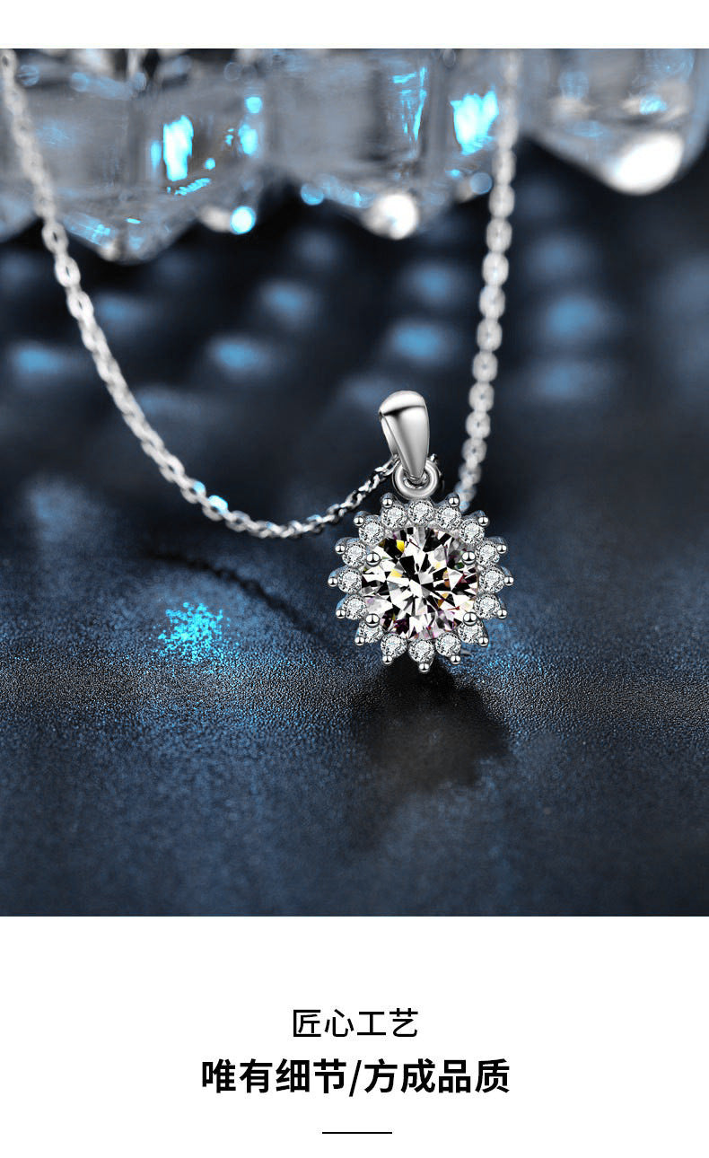 Moissanite 925 Sterling Silver Sunflower Necklace, European and American Flower Pendant, Cross-border Clavicle Necklace for Women