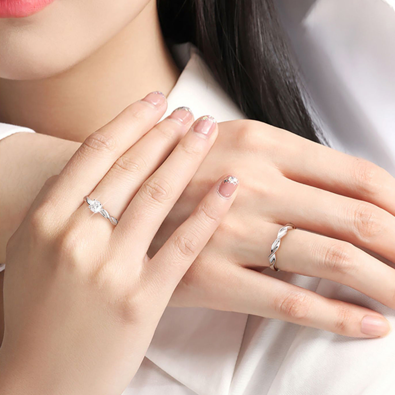 S925 Sterling Silver Braided Moissanite Couple Rings Korean Style Temperament Simple Men and Women Couple Rings Open Adjustable Finger Rings