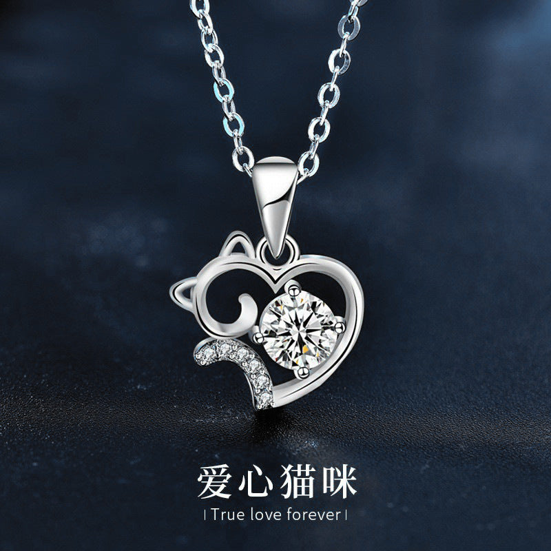 Cute Cat 925 Sterling Silver Necklace Summer Unique Moissanite Collar Pendant Jewelry Birthday Gift for Girlfriend