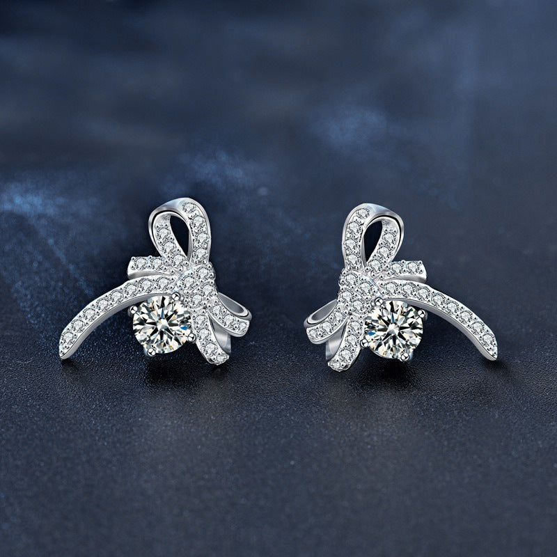 Original jewelry earrings, Korean simple and delicate earring pins, girls' 925 silver needle, elegant moissanite bow earring accessories