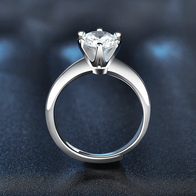 European and American Cross-border Moissanite Crown Ring 1-2 Carat 925 Sterling Silver Adjustable Opening Simple Six-Claw Women's Ring Platinum Wedding