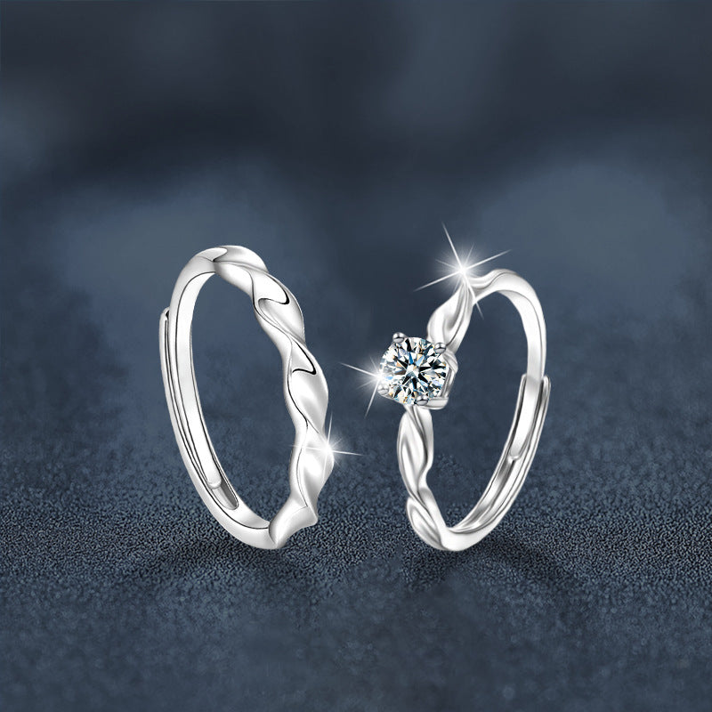 S925 Sterling Silver Braided Moissanite Couple Rings Korean Style Temperament Simple Men and Women Couple Rings Open Adjustable Finger Rings