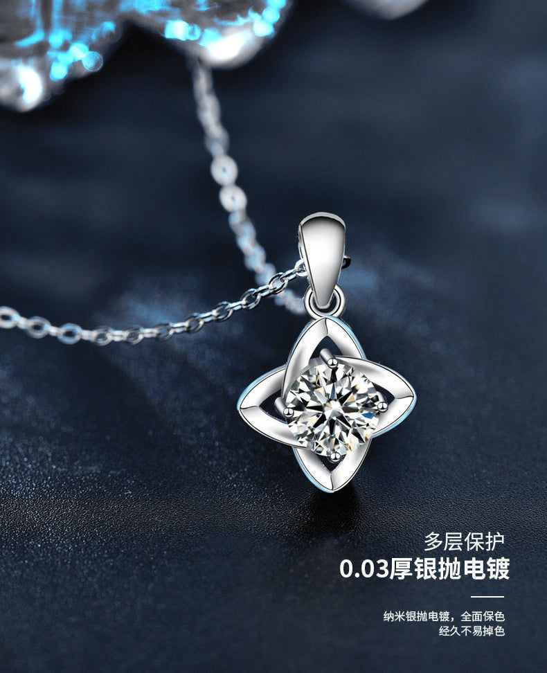 Mossianite Four-leaf Clover Necklace, Women's Korean Style New 925 Pure Silver Pendant Imitation Diamond Collar Jewelry