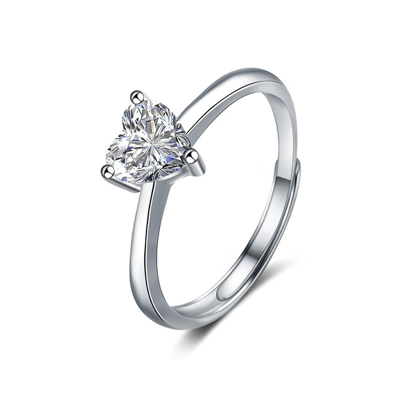 Moissanite Diamond Ring, 925 Sterling Silver Adjustable Women's Jewelry Heart Moissanite Ring Jewelry