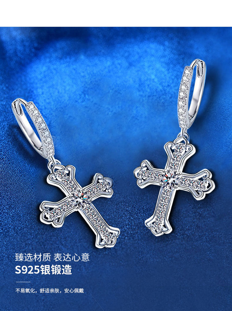 Wholesale 925 sterling silver earrings for women, new Moissanite cross ear buckles, trendy and high-end earrings with an ins style