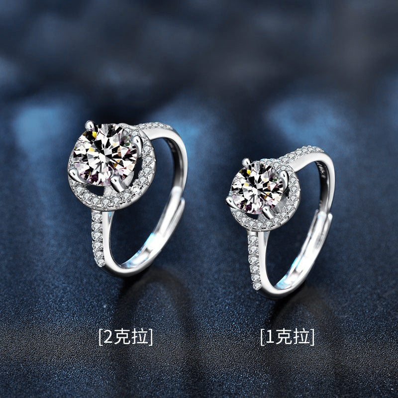 European and American Moissanite Open Ring 925 Sterling Silver Women's Classic 2 Carat Four-Claw Simulated Wedding Engagement Ring