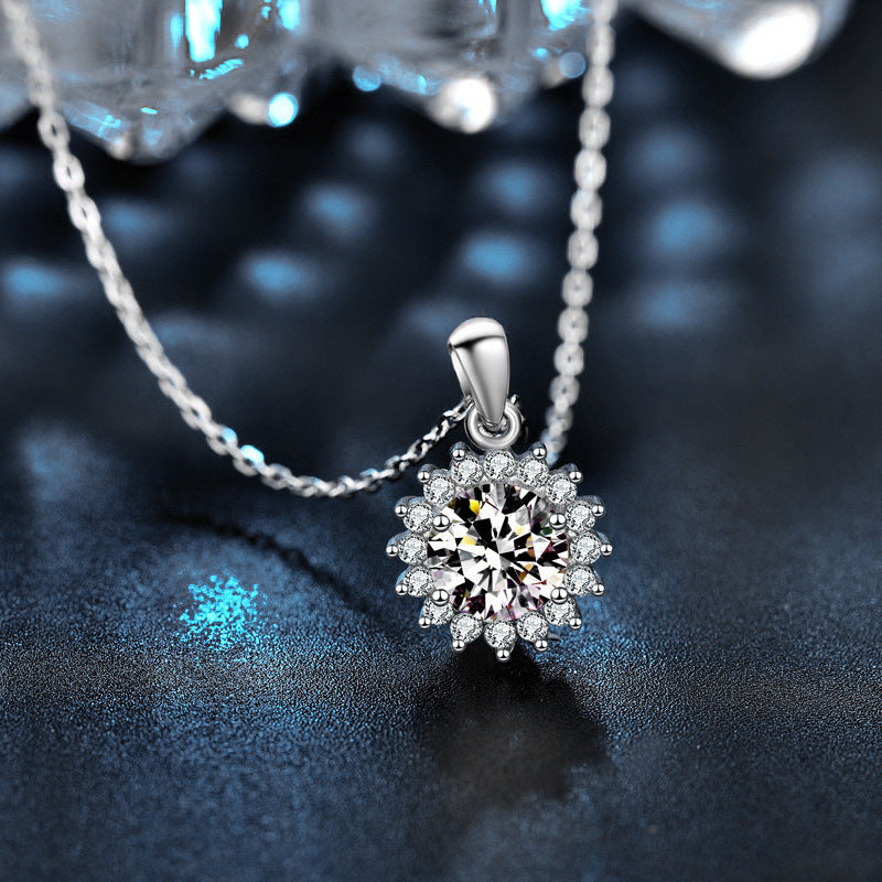 Moissanite 925 Sterling Silver Sunflower Necklace, European and American Flower Pendant, Cross-border Clavicle Necklace for Women