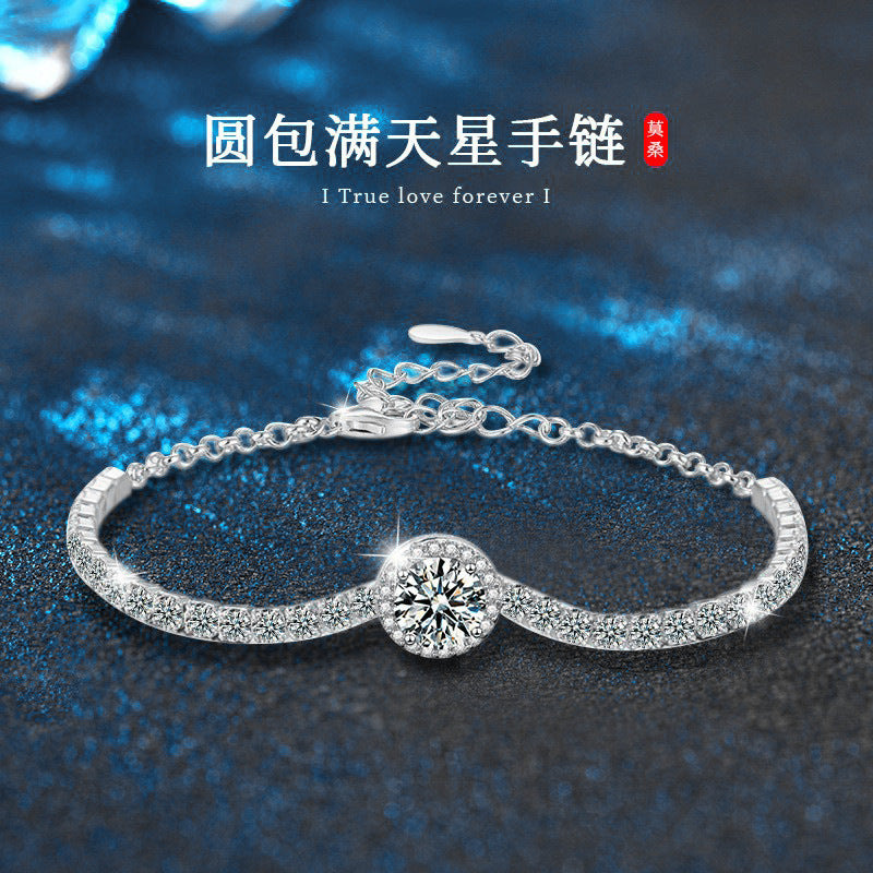 925 Silver Bracelet for Women, Summer New Chinese Style, High-end Round 包 Star Moissanite Jewelry