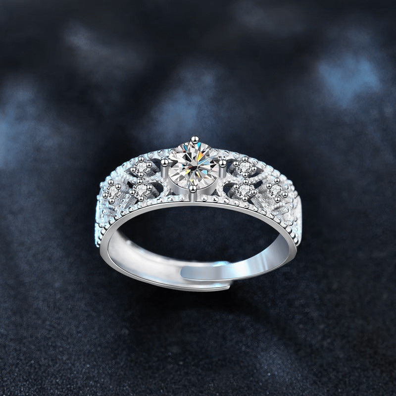 New European and American Moissanite 925 Silver Adjustable Open Ring, Women's Ins Unique Couple Gift