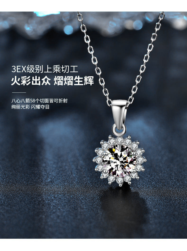 Moissanite 925 Sterling Silver Sunflower Necklace, European and American Flower Pendant, Cross-border Clavicle Necklace for Women