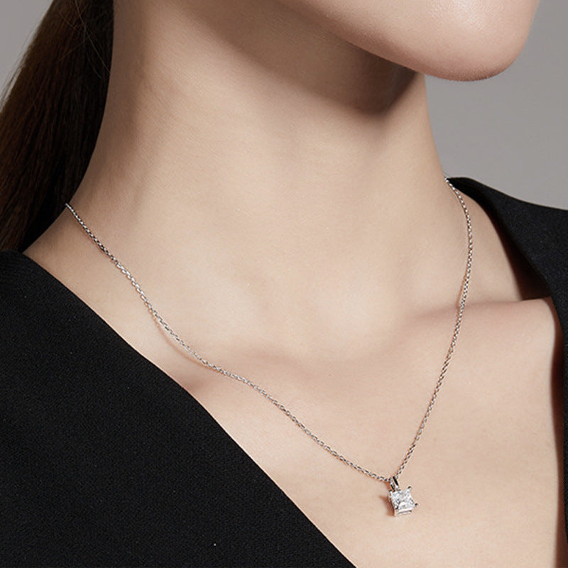 Cross-border jewelry moissanite princess cut necklace for women, 925 pure silver collar chain, ins trendy unique minimalist pendant