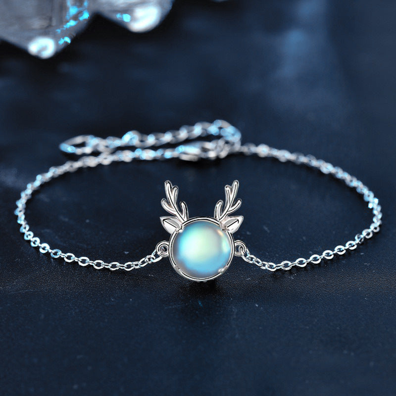 Moonstone 925 Sterling Silver Deer With You Bracelet for Women, Mori Style, Fresh, Winter Christmas Gift Jewelry, Ins