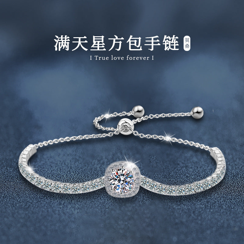 925 sterling silver bracelet for women light luxury niche starry sky square bag moissanite bracelet