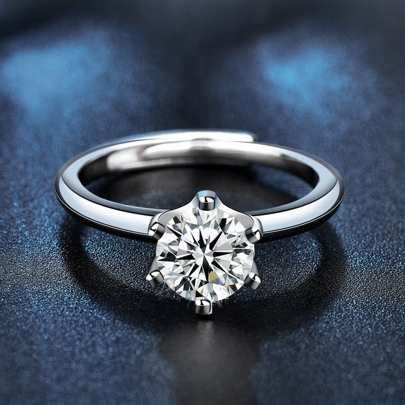 European and American Cross-border Moissanite Crown Ring 1-2 Carat 925 Sterling Silver Adjustable Opening Simple Six-Claw Women's Ring Platinum Wedding
