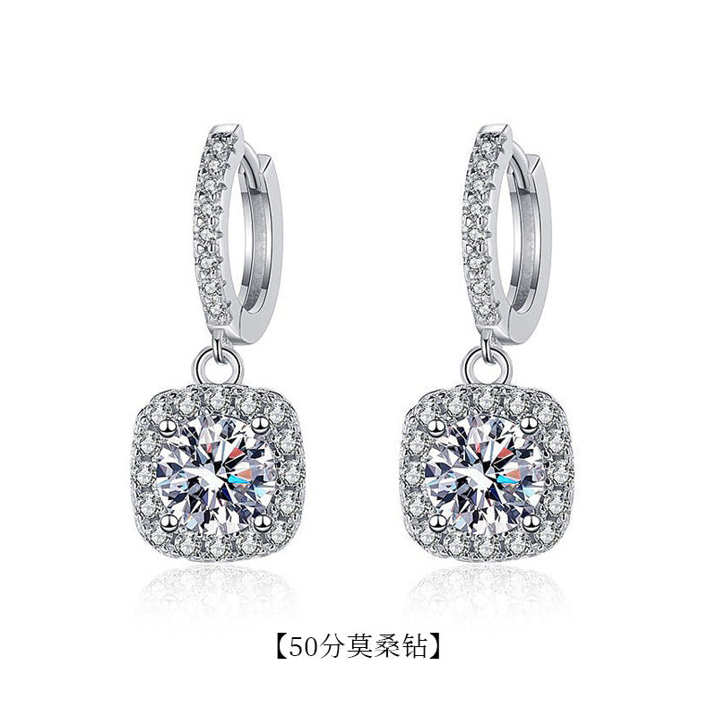s925 Silver Earrings, Classic Square Pendant Earrings, Women's Lightweight Luxury High-end Long Stud Earrings with Moissanite Inlay