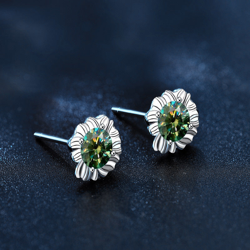 Sunflower 925 Sterling Silver Earrings, Unique Design, Ins-style Cute and Exquisite Green Moissanite Earrings