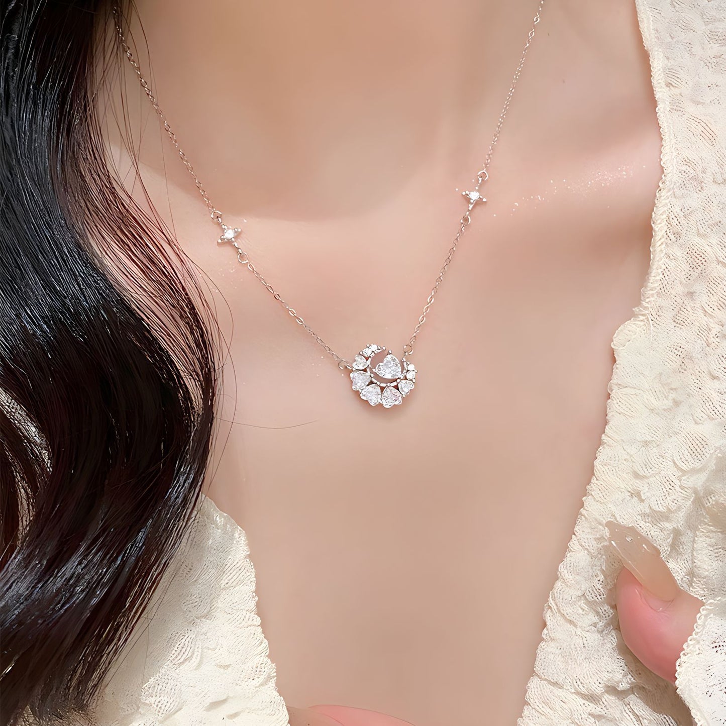 925 Silver Moissanite Star and Moon Necklace, Colorfast, Women's Design, Autumn and Winter High-end Heart Collar, Ins Unique