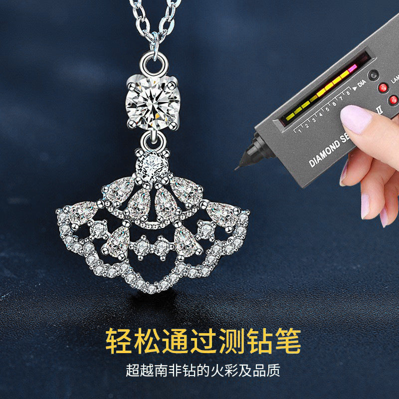 Moissanite small dress necklace for women, 925 pure silver full diamond fan pendant, unique design accessory, collar accessory