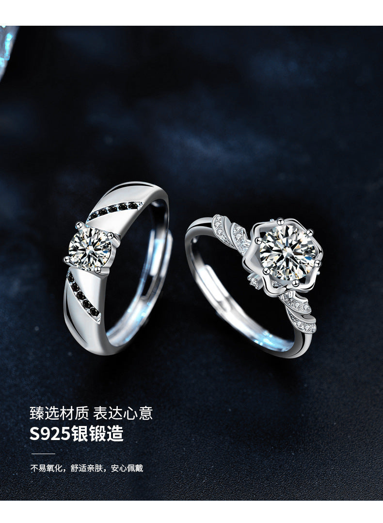 925 Sterling Silver Original Moissanite Couple Rings Ins Silver Jewelry Couple Rings Wedding Dress Suit Jewelry Open Finger Rings Accessories