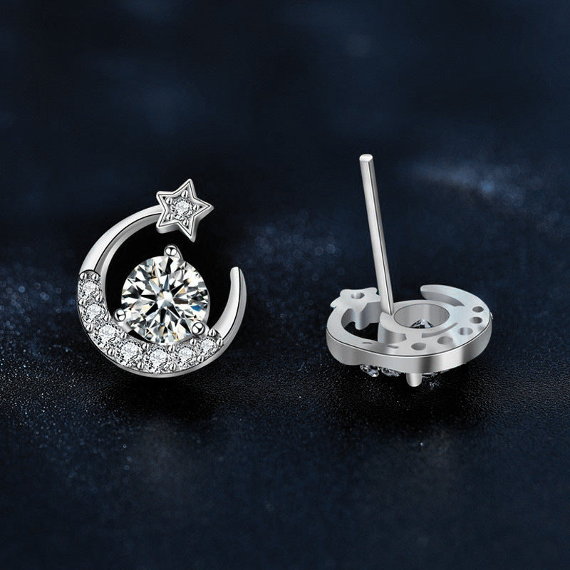 Moissanite 925 silver star moon earrings, ear piercing silver needle ear stick, delicate small earrings, summer earrings