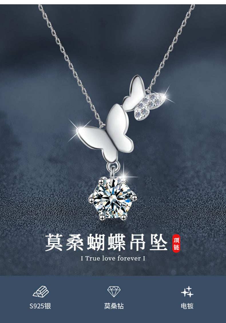 925 Silver Moissanite Butterfly Necklace, Colorfast, Women's Design, Autumn Winter High-end Collar Chain, Ins Unique Accessories
