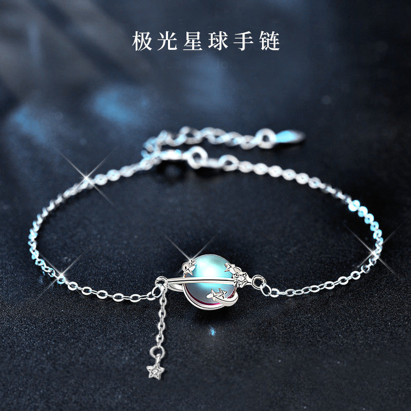 Moonstone Planet Bracelet 925 Sterling Silver Bangle for Women Mori Style Sweet Cute Tassel Small Ornaments