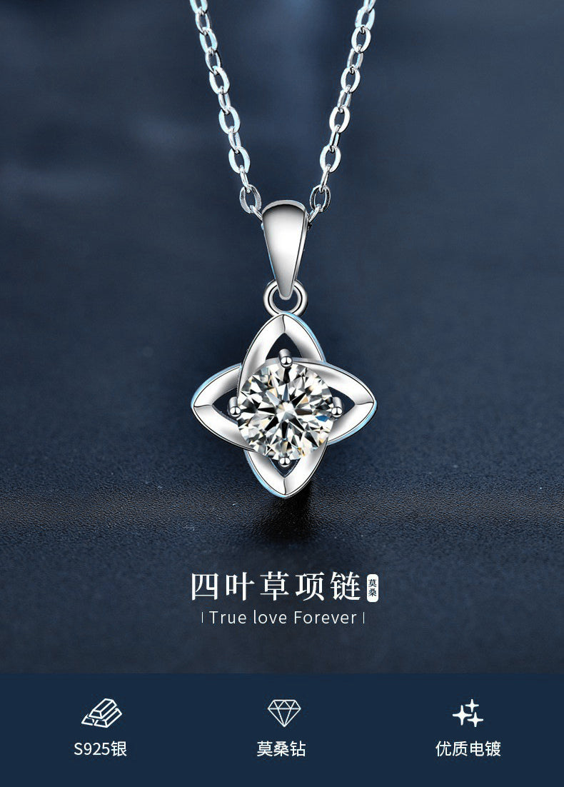 Mossianite Four-leaf Clover Necklace, Women's Korean Style New 925 Pure Silver Pendant Imitation Diamond Collar Jewelry