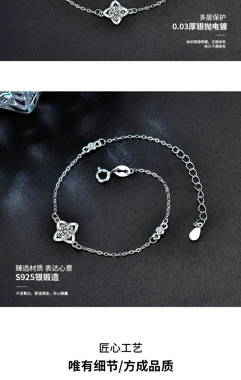 Moissanite four-leaf clover bracelet for women 925 sterling silver ins spring forest style Korean style bracelet bestie niche hand jewelry