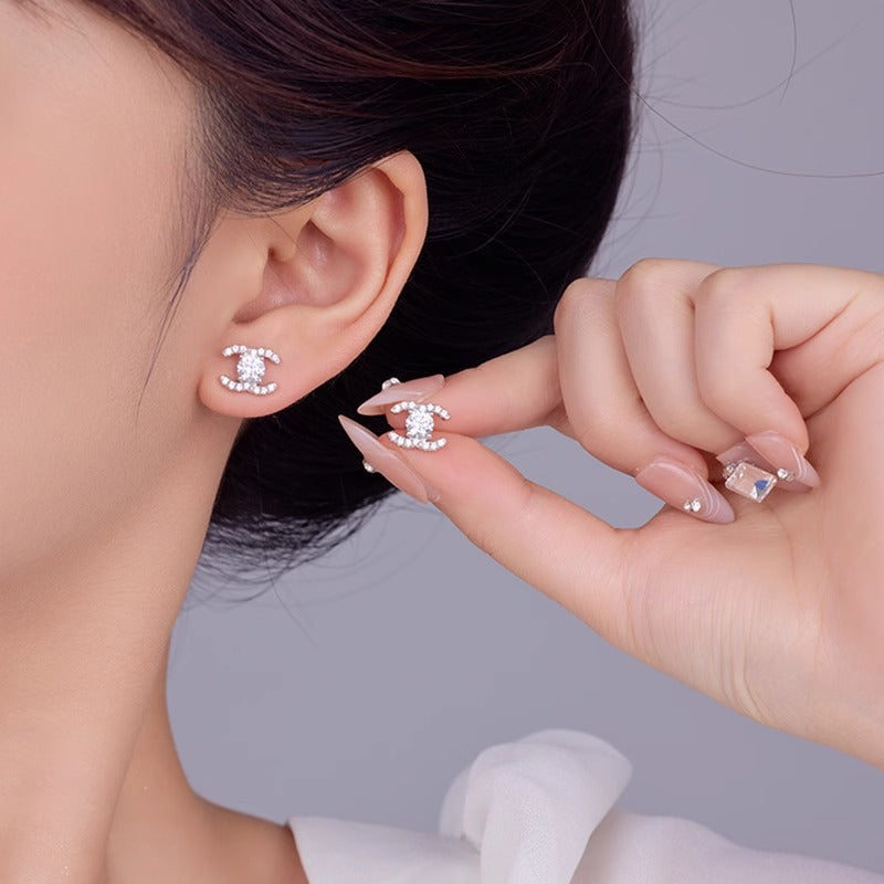 Moissanite Stud Earrings 925 Sterling Silver High-End Minimalist Temperament Double C Earrings European and American Cross-Border Jewelry