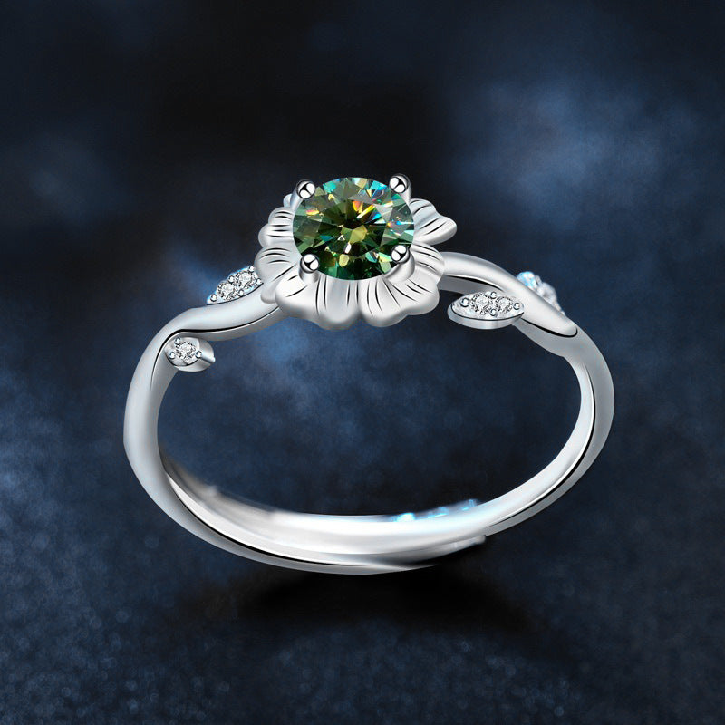 925 Sterling Silver Sunflower Ring for Women, Vintage Personalized Sunflower Open Ring, Emerald Moissanite Jewelry