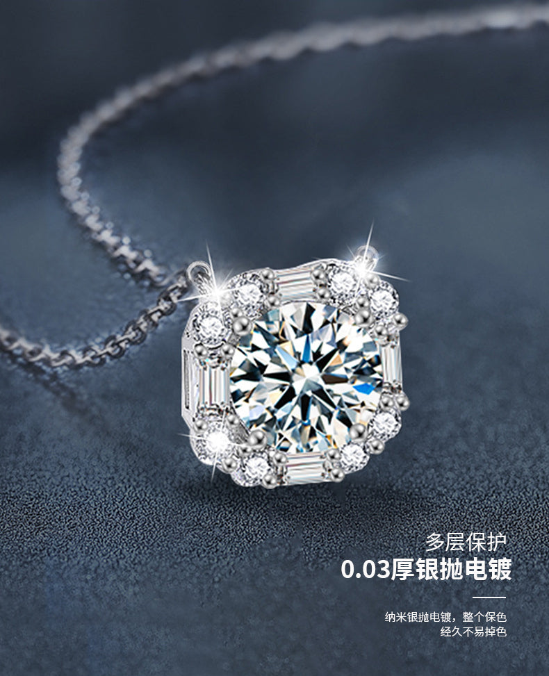 S925 Sterling Silver Sugar Cube Necklace, Designer Moissanite Pendant, Autumn/Winter Jewelry, Cross-border European and American Fashion Clavicle Chain