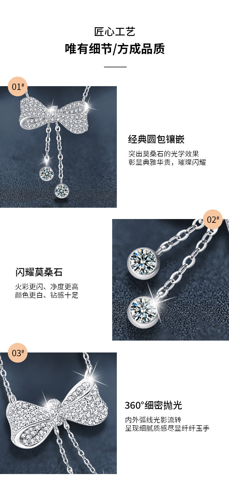 Women's Moissanite Jewelry Necklace 925 Silver Tassel Bow Pendant Luxury Collar Chain