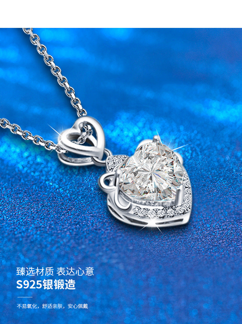 Cross-border jewelry 925 pure silver necklace for women, high-end luxury moissanite heart pendant collar chain