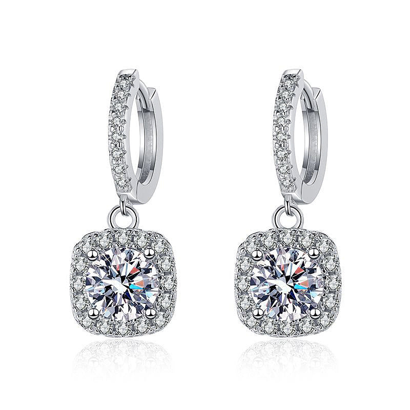 s925 Silver Earrings, Classic Square Pendant Earrings, Women's Lightweight Luxury High-end Long Stud Earrings with Moissanite Inlay