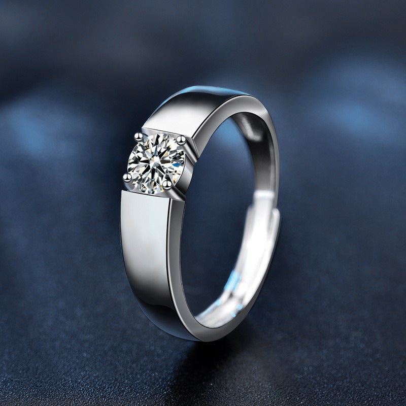 925 Sterling Silver Men's Platinum-tone Moissanite Ring Korean Style Polished Simple Open Ring Trendy Jewelry Couple