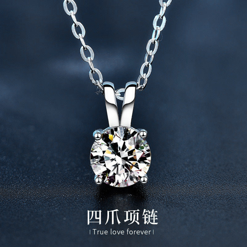 Moissanite 925 Sterling Silver Necklace for Women, Korean and Japanese Small Design Four-Claw Pendant, Simple Clavicle Necklace Jewelry Ins