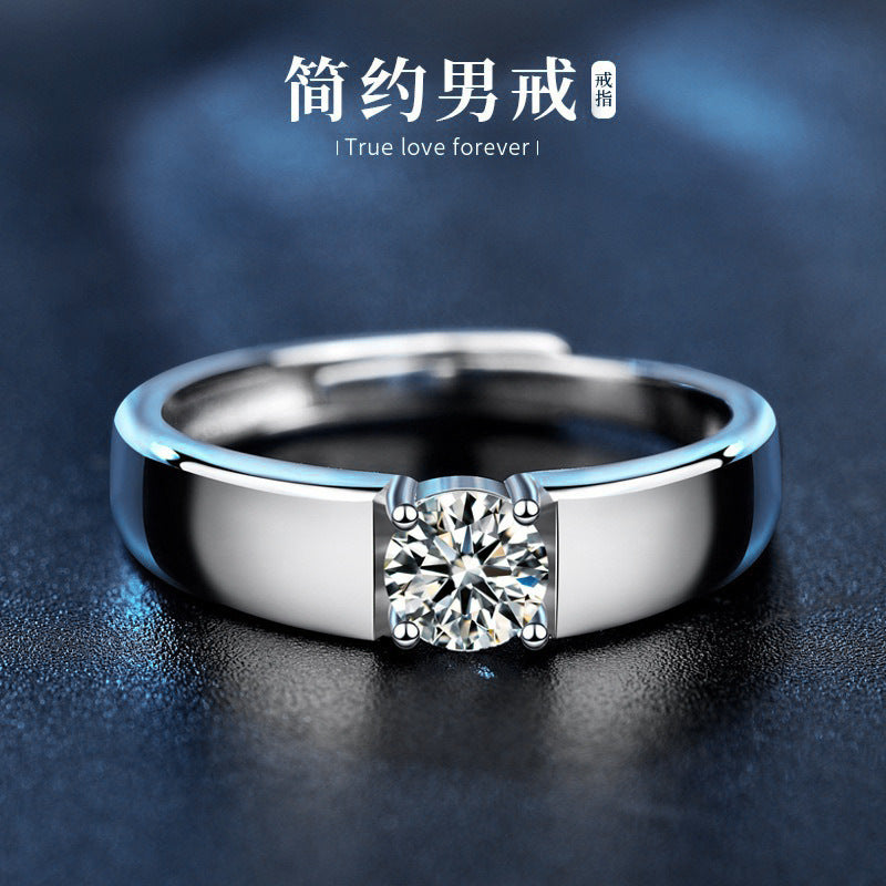 925 Sterling Silver Men's Platinum-tone Moissanite Ring Korean Style Polished Simple Open Ring Trendy Jewelry Couple
