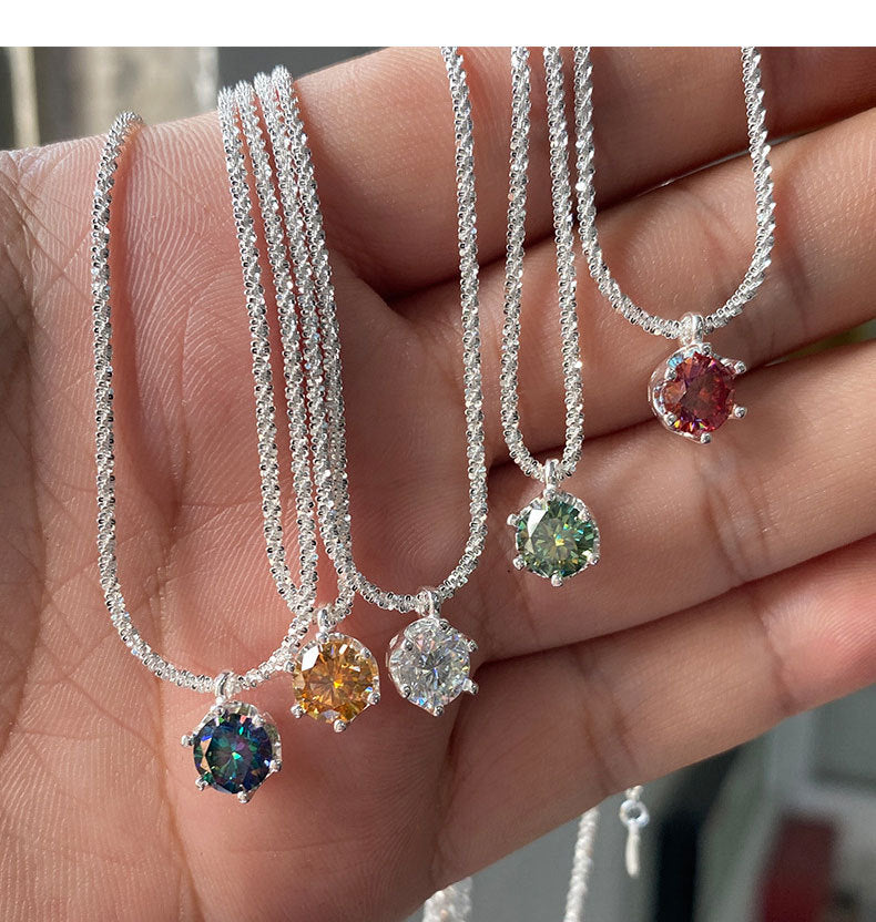 Mossianite, Sparkling Crown Six-Prong Necklace, Luxurious and Sophisticated Pure Silver Starlight Chain for Women