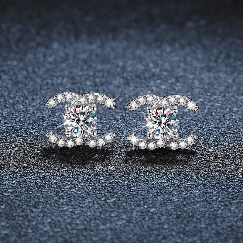 Moissanite Stud Earrings 925 Sterling Silver High-End Minimalist Temperament Double C Earrings European and American Cross-Border Jewelry