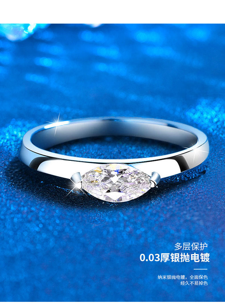 S925 Sterling Silver Ring Women's Light Luxury High-End Inlaid Marquise Moissanite Simulated Diamond Ring Silver Jewelry
