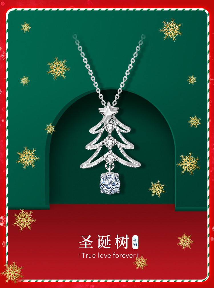 925 Silver Christmas Tree Necklace Pendant Jewelry, New European and American Style Moissanite Collar Accessories, Ins Christmas Gift