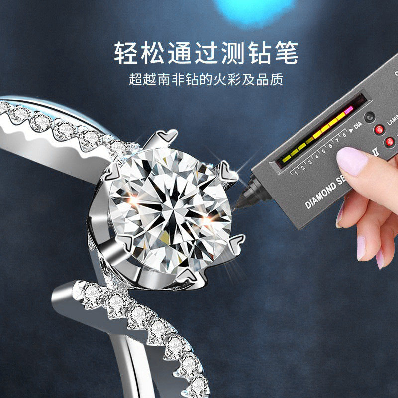 S925 Silver Moissanite Six-Claw Ring Light Luxury High-End Twisted Shank Ring Eight Hearts and Arrows Simulated Diamond Jewelry