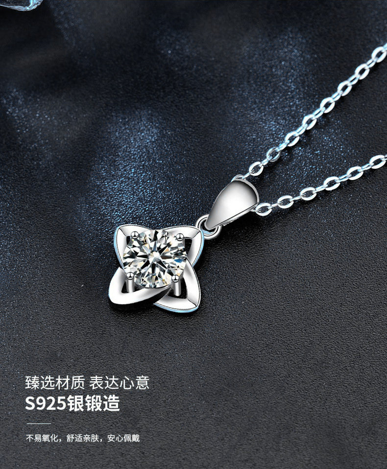 Mossianite Four-leaf Clover Necklace, Women's Korean Style New 925 Pure Silver Pendant Imitation Diamond Collar Jewelry