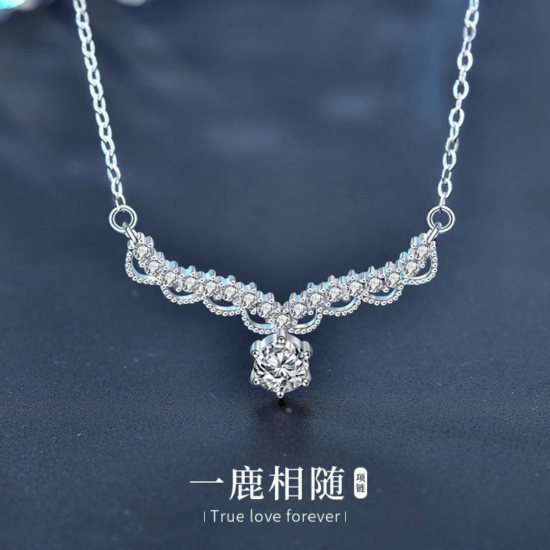 A deer with you necklace, ins unique design, 925 pure silver, moissanite, forest style deer antler pendant set chain, Christmas decoration