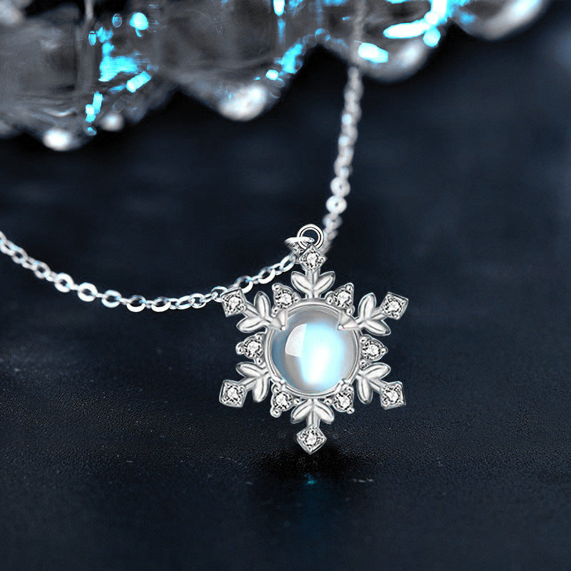 Moonstone Snowflake Necklace for Women, S925 Sterling Silver Pendant, Korean Style Fresh Clavicle Necklace, Christmas Gift Jewelry