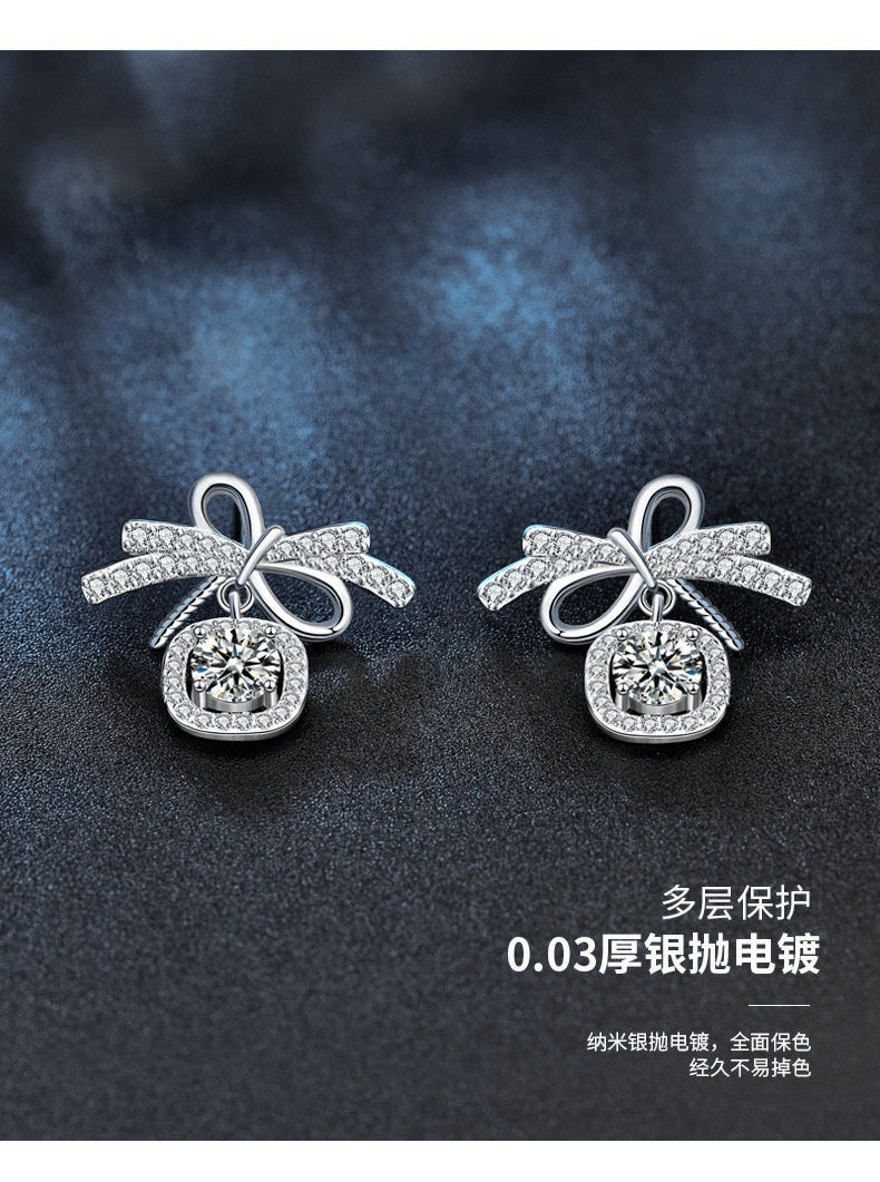 Original 925 Sterling Silver Bow Stud Earrings for Women, Simple Ins Style Moissanite Drop Earrings, Exquisite Minimalist Silver Needle Earrings