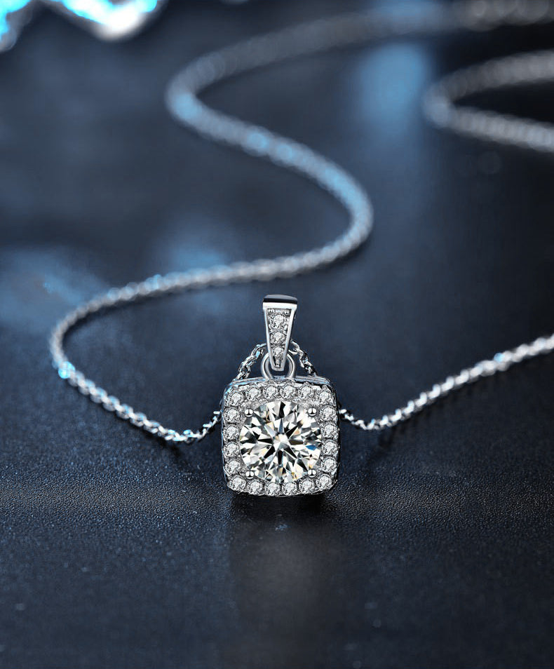 Moissanite 925 Sterling Silver Necklace Women's Ins Style Princess Square Bag Pendant Square Personality Choker Jewelry New Live Stream