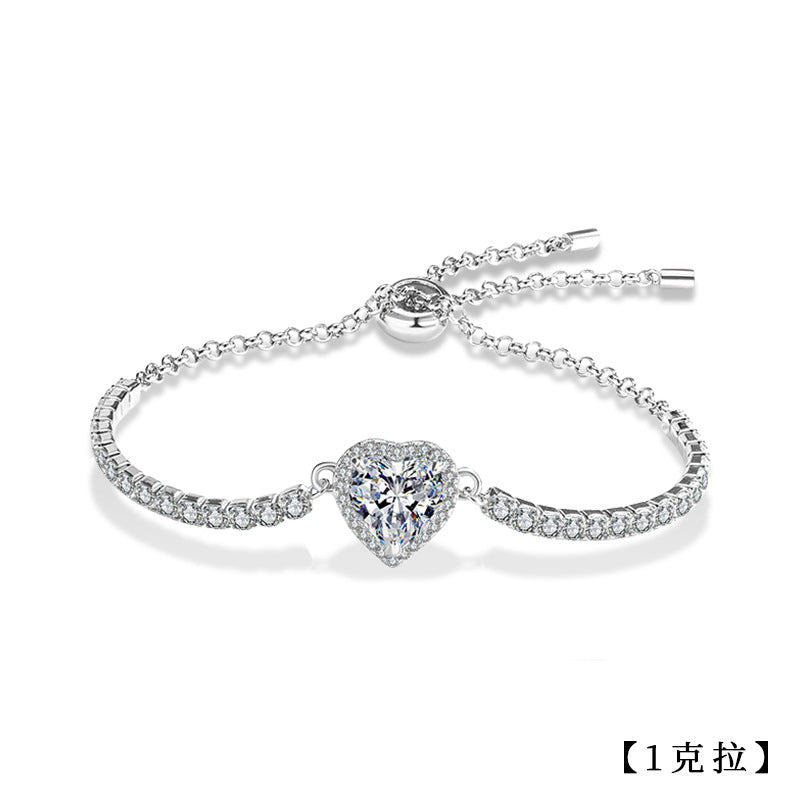 s925 Sterling Silver Heart Bracelet for Women, Simple and Versatile Silver Bracelet with Moissanite Inlay, Cross-border Jewelry