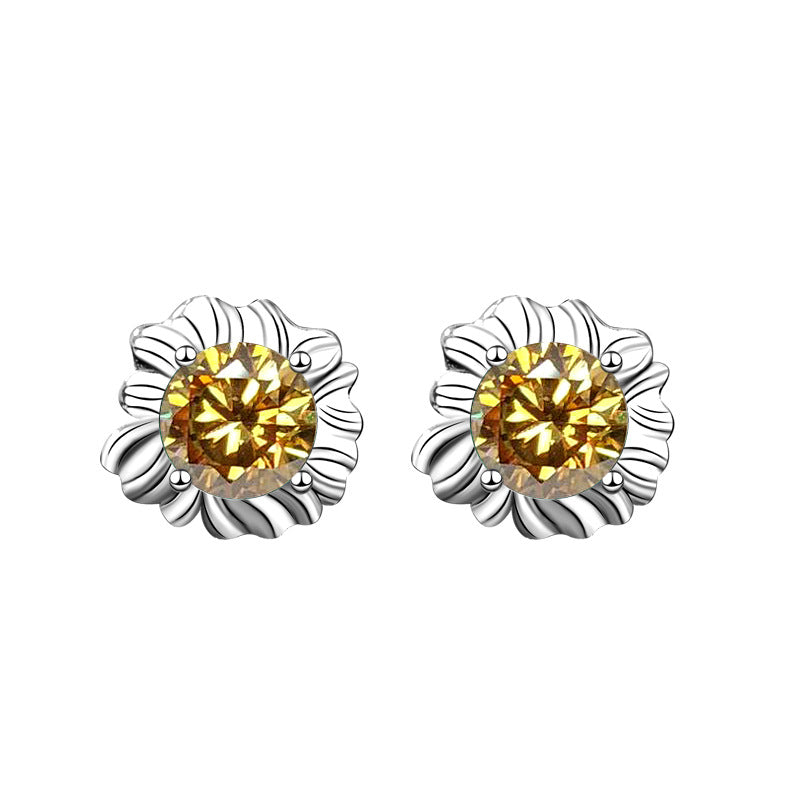 Sunflower 925 Sterling Silver Earrings, Unique Design, Ins-style Cute and Exquisite Green Moissanite Earrings