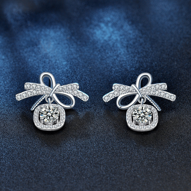Original 925 Sterling Silver Bow Stud Earrings for Women, Simple Ins Style Moissanite Drop Earrings, Exquisite Minimalist Silver Needle Earrings